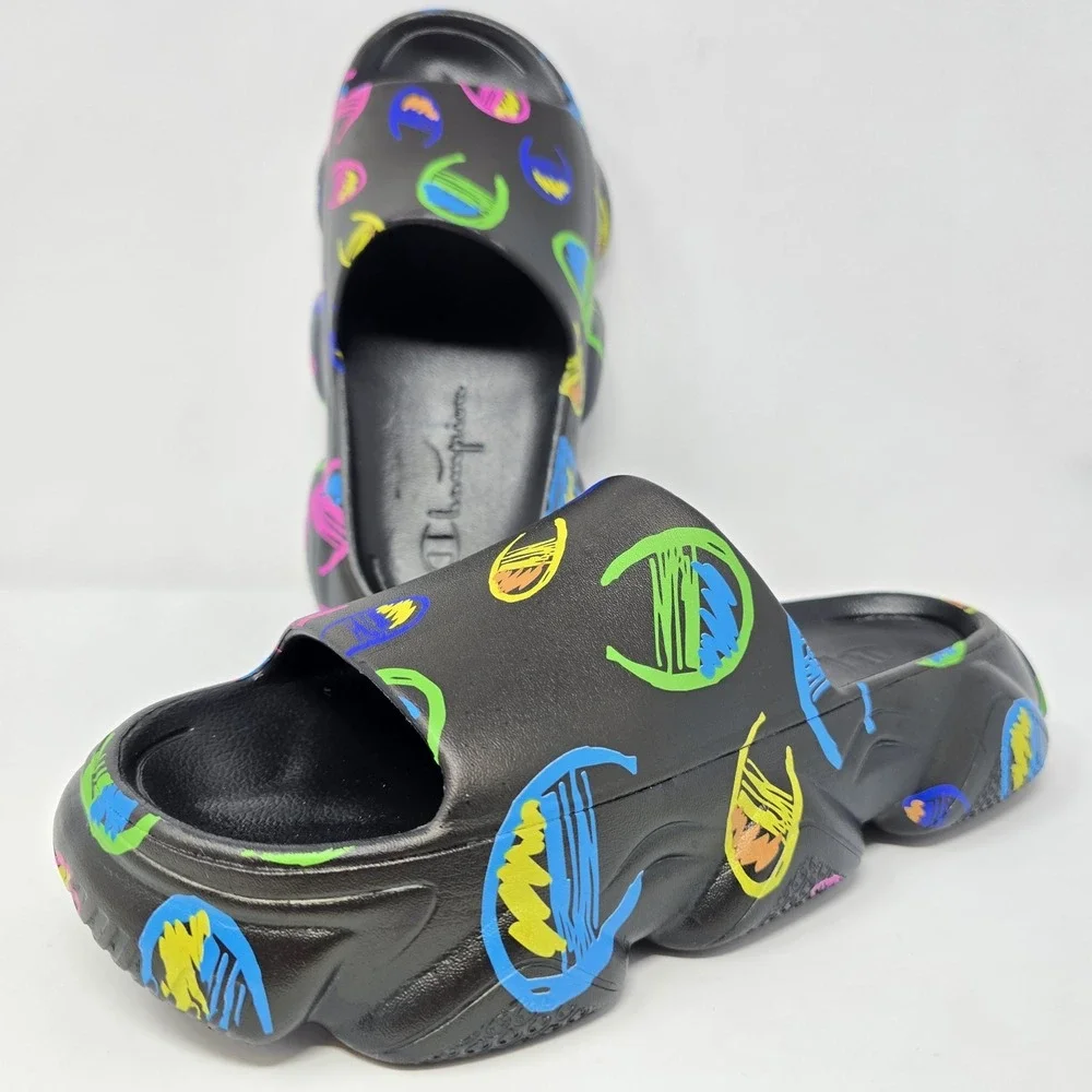 Champion Kids Hyper Slide Black Multicolor Scribble Logo Platform Sandals Size 5